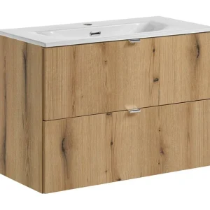 Set van hangend badkamermeubel VANO in eiken en wit uiterlijk 80cm: onderkast met lades + ingebouwde wastafel Set van hangend badkamermeubel VANO in eiken en wit uiterlijk 80cm: onderkast met lades + ingebouwde wastafel
