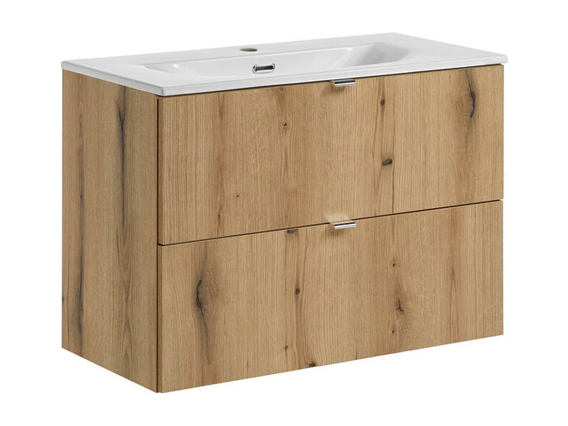 Set van hangend badkamermeubel VANO in eiken en wit uiterlijk 80cm: onderkast met lades + ingebouwde wastafel