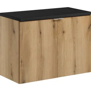Hangend badkamermeubelset VANO in eiken en zwart 80cm: onderkasten met deuren + blad voor wastafel Hangend badkamermeubelset VANO in eiken en zwart 80cm: onderkasten met deuren + blad voor wastafel