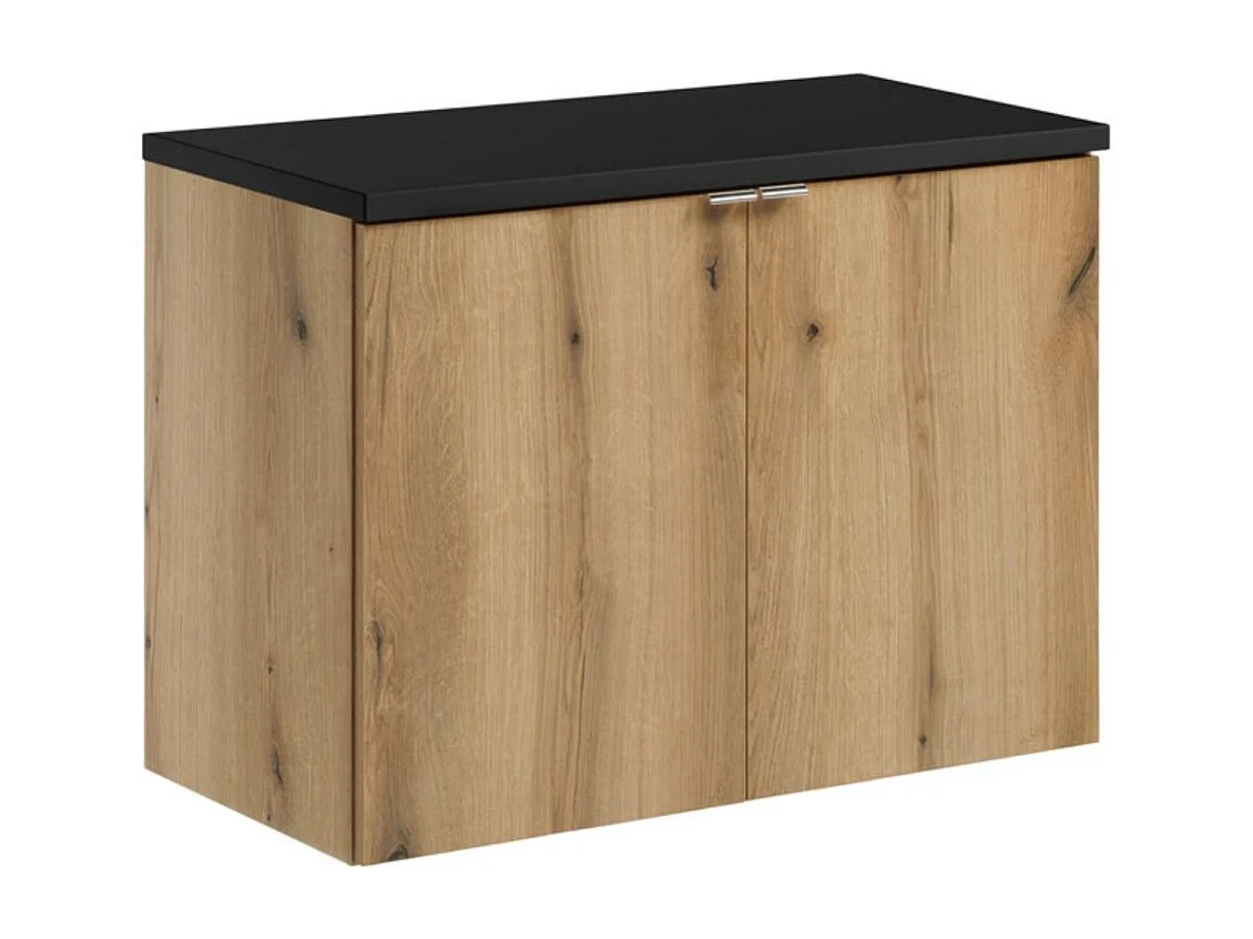 Hangend badkamermeubelset VANO in eiken en zwart 80cm: onderkasten met deuren + blad voor wastafel