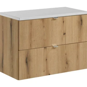 Badkamerset VANO zwevend eiken en wit 80cm: onderkast met lades + blad voor wastafel