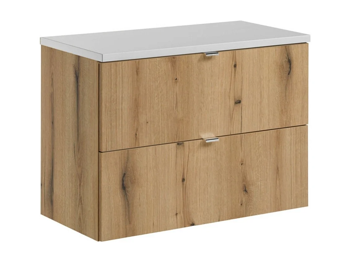 Badkamerset VANO zwevend eiken en wit 80cm: onderkast met lades + blad voor wastafel