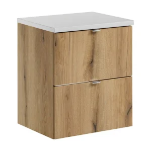 Hangend badkamermeubelset VANO in eiken en wit uiterlijk 50cm: onderkast met laden + blad voor wastafel Hangend badkamermeubelset VANO in eiken en wit uiterlijk 50cm: onderkast met laden + blad voor wastafel