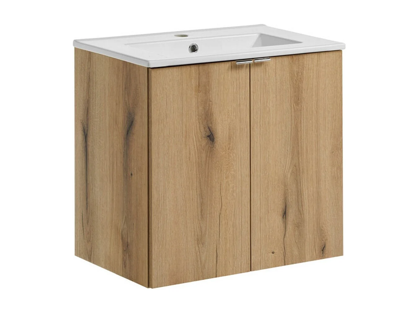 Hangend badkamermeubelset VANO eikenlook 60cm: onderkast met kastjes + ingebouwde wastafel