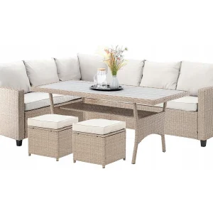 Hoekloungeset LIVANA met tafel en 2 beige en lichtbruine poefs Hoekloungeset LIVANA met tafel en 2 beige en lichtbruine poefs