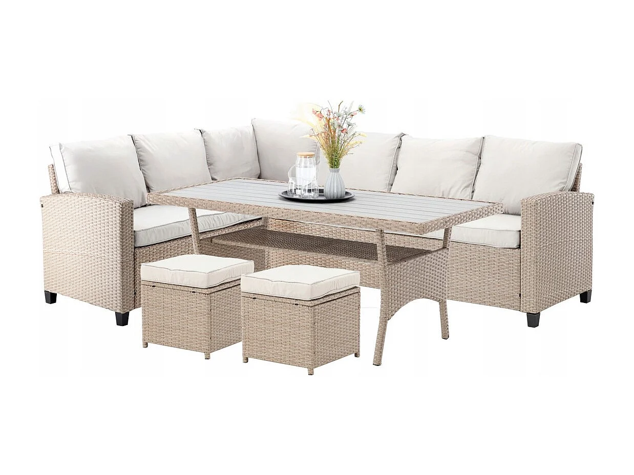 Hoekloungeset LIVANA met tafel en 2 beige en lichtbruine poefs