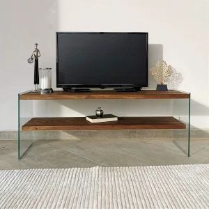 Hedendaagse TV-meubel van glas en hout 120 cm JOY met opbergruimte Hedendaagse TV-meubel van glas en hout 120 cm JOY met opbergruimte