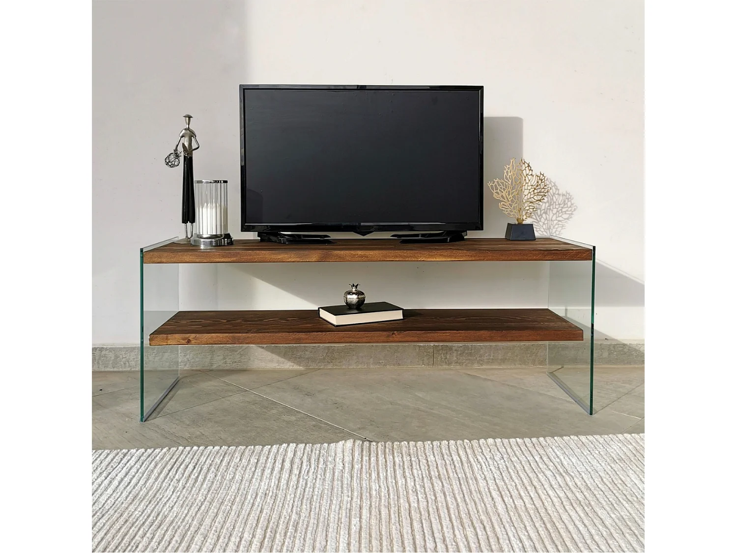 Hedendaagse TV-meubel van glas en hout 120 cm JOY met opbergruimte