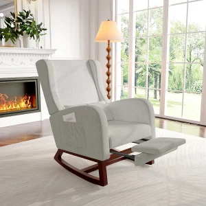 Grijze schommelstoel van fluweel met voetensteun, lendenkussen en zijzakken, elegant wingback ontwerp Grijze schommelstoel van fluweel met voetensteun, lendenkussen en zijzakken, elegant wingback ontwerp