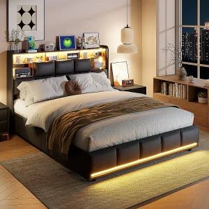 Gestoffeerd bed 140×200 cm zwart met hydraulische opbergruimte, geïntegreerde LED-verlichting en USB-poorten, lattenbodem, eigentijdse stijl Gestoffeerd bed 140×200 cm zwart met hydraulische opbergruimte, geïntegreerde LED-verlichting en USB-poorten, lattenbodem, eigentijdse stijl