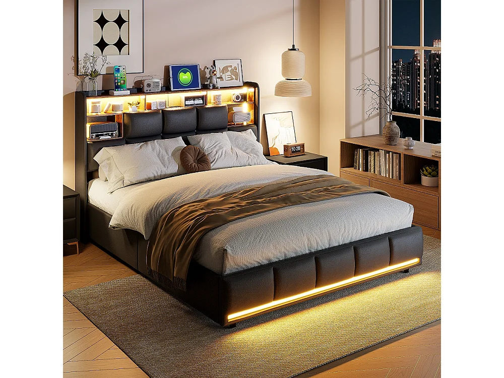 Gestoffeerd bed 140x200 cm zwart met hydraulische opbergruimte, geïntegreerde LED-verlichting en USB-poorten, lattenbodem, eigentijdse stijl