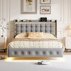 Gevoerd zwevend bed van grijs fluweel 140×200 cm met LED-verlichting en USB-oplader, eigentijdse stijl zonder opbergruimte Gevoerd zwevend bed van grijs fluweel 140×200 cm met LED-verlichting en USB-oplader, eigentijdse stijl zonder opbergruimte