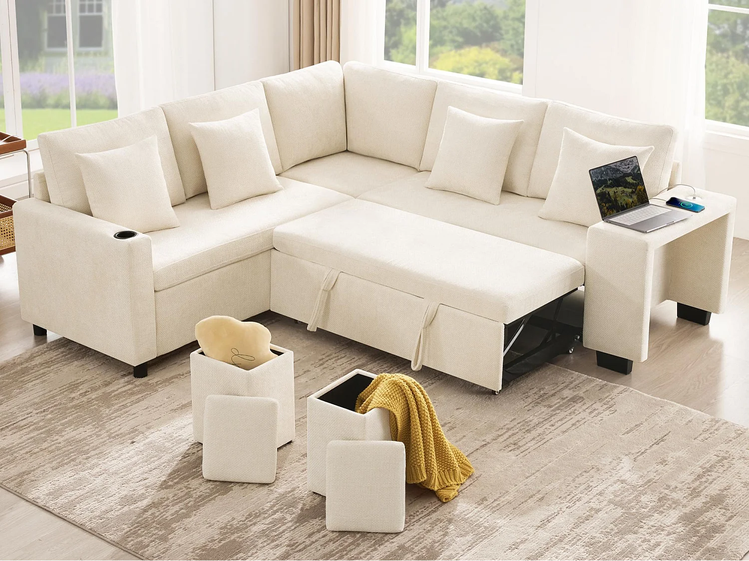 Hoekbank in L-vorm - 5 zitplaatsen - met bekerhouders - USB + USB-C poorten - Chenille stof - met kussens - beige