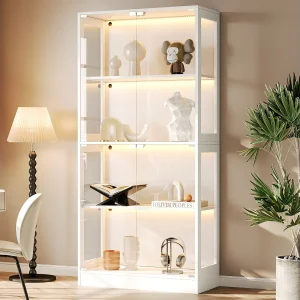 Glazen vitrinekast 80x35x170cm – Vier-laags opbergruimte – LED-verlichting – Met 4 deuren – MDF+glas – Wit Glazen vitrinekast 80x35x170cm – Vier-laags opbergruimte – LED-verlichting – Met 4 deuren – MDF+glas – Wit