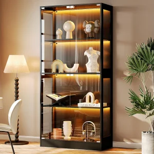 Glazen vitrinekast 80x35x170cm – Vier-laags opbergruimte – LED-verlichting – Met 4 deuren – MDF+glas – Zwart Glazen vitrinekast 80x35x170cm – Vier-laags opbergruimte – LED-verlichting – Met 4 deuren – MDF+glas – Zwart