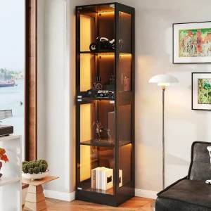 Glazen vitrinekast 40x35x170cm – Vier lagen opbergruimte – App-bestuurbare LED-verlichting – 2 deuren – MDF – Zwart Glazen vitrinekast 40x35x170cm – Vier lagen opbergruimte – App-bestuurbare LED-verlichting – 2 deuren – MDF – Zwart