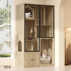 Groot kattenhuis 90x50x160cm – met krabpaal – 4 deuren – licht natuur (zonder kattenbak) Groot kattenhuis 90x50x160cm – met krabpaal – 4 deuren – licht natuur (zonder kattenbak)