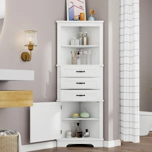 Hoek badkamermeubel 57,7x46x167,5 cm – 2 open planken, 3 lades en 1 deur – Verstelbare planken – MDF – Wit