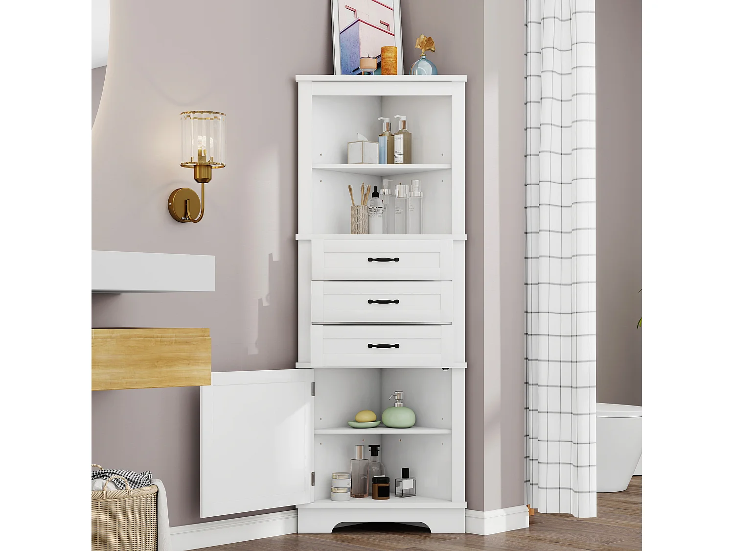 Hoek badkamermeubel 57,7x46x167,5 cm - 2 open planken, 3 lades en 1 deur - Verstelbare planken - MDF - Wit