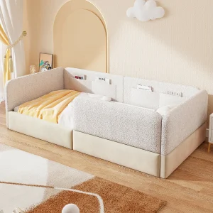 Gestoffeerd platformbed voor kinderen – 90 x 200 cm – met veiligheidshekje + opbergtas – MDF + PU – wit