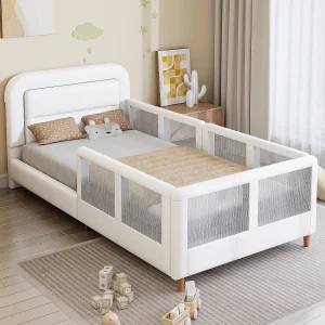 Gestoffeerd platformbed voor kinderen – 90 x 200 cm – met veiligheidsrail – MDF + PU – wit