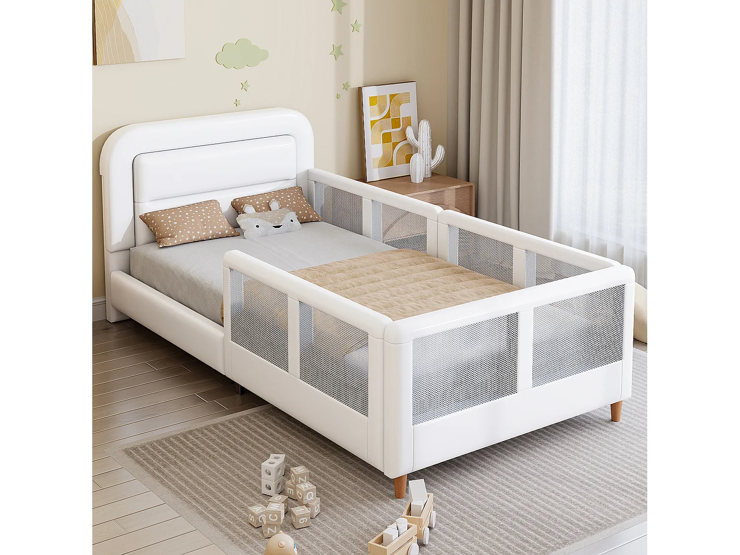Gestoffeerd platformbed voor kinderen - 90 x 200 cm - met veiligheidsrail - MDF + PU - wit