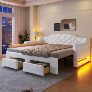 Gestoffeerd slaapbank met uittrekbare lade – 90/180 x 200 cm – met LED-verlichting + 2 lades – MDF – wit Gestoffeerd slaapbank met uittrekbare lade – 90/180 x 200 cm – met LED-verlichting + 2 lades – MDF – wit
