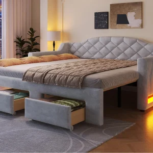 Gestoffeerde slaapbank 90x200cm – Uitvouwbaar tot 180x200cm – neerklapbaar bed – Met 2 lades en LED-verlichting – Grijs (zonder matras) Gestoffeerde slaapbank 90x200cm – Uitvouwbaar tot 180x200cm – neerklapbaar bed – Met 2 lades en LED-verlichting – Grijs (zonder matras)