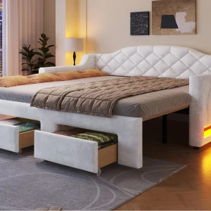 Gestoffeerde slaapbank 90x200cm – Uitvouwbaar tot 180x200cm – neerklapbaar bed – Met 2 lades en LED-verlichting – Wit (zonder matras) Gestoffeerde slaapbank 90x200cm – Uitvouwbaar tot 180x200cm – neerklapbaar bed – Met 2 lades en LED-verlichting – Wit (zonder matras)