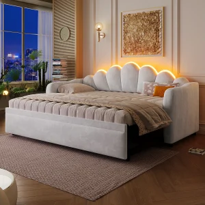 Gestoffeerde slaapbank met uitschuifbaar bed – 90/180 x 200 cm – met LED-verlichting – MDF – grijs Gestoffeerde slaapbank met uitschuifbaar bed – 90/180 x 200 cm – met LED-verlichting – MDF – grijs