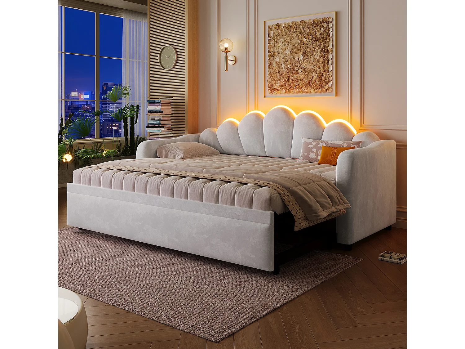 Gestoffeerde slaapbank met uitschuifbaar bed - 90/180 x 200 cm - met LED-verlichting - MDF - grijs