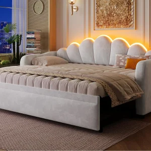 Gestoffeerde slaapbank 90×200 cm – Met neerklapbaar bed – Ingebouwde LED-verlichting – Fluweel + MDF – Grijs (zonder matras) Gestoffeerde slaapbank 90×200 cm – Met neerklapbaar bed – Ingebouwde LED-verlichting – Fluweel + MDF – Grijs (zonder matras)