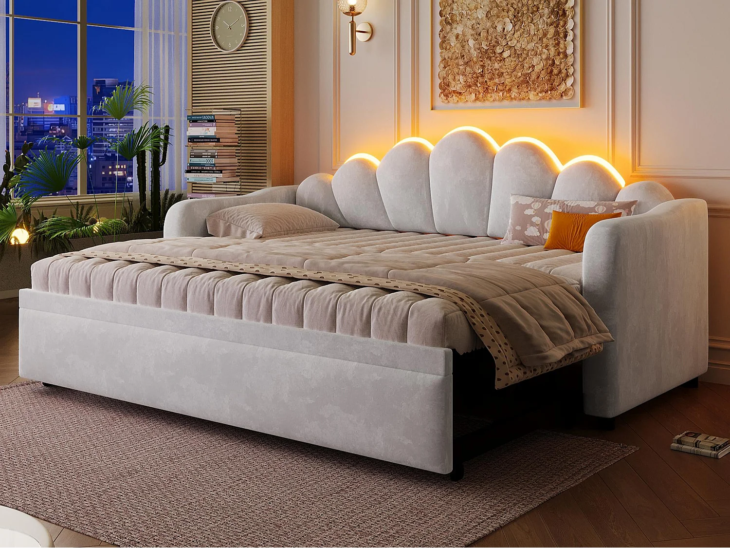 Gestoffeerde slaapbank 90x200 cm - Met neerklapbaar bed - Ingebouwde LED-verlichting - Fluweel + MDF - Grijs (zonder matras)