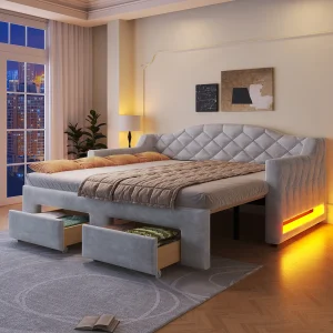 Gestoffeerde slaapbank met uitschuifbaar bed – 90/180 x 200 cm – met LED-verlichting + 2 lades – MDF – grijs Gestoffeerde slaapbank met uitschuifbaar bed – 90/180 x 200 cm – met LED-verlichting + 2 lades – MDF – grijs