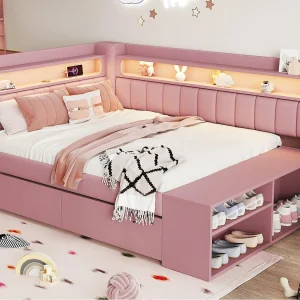 Gestoffeerde slaapbank 90×200 cm – LED-verlichting en USB-poort – 2 lades en schoenenplank – MDF+Linnen – Roze (zonder matras) Gestoffeerde slaapbank 90×200 cm – LED-verlichting en USB-poort – 2 lades en schoenenplank – MDF+Linnen – Roze (zonder matras)