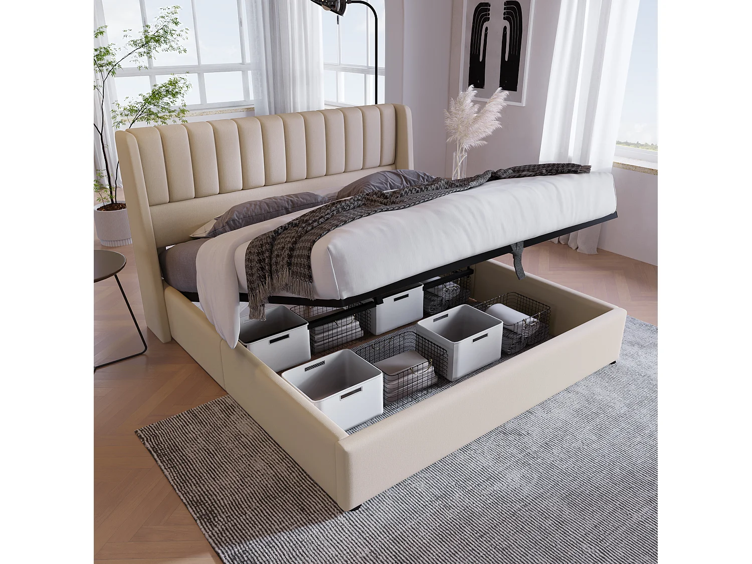 Gestoffeerd opbergbed - 180 x 200 cm - met hoofdbord + hydraulische opbergruimte - linnen - beige