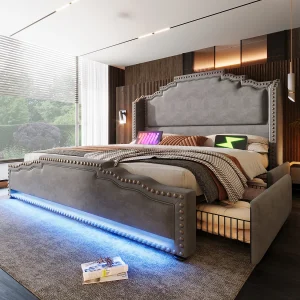 Gestoffeerd opbergbed – 180 x 200 cm – met 4 lades + LED-verlichting + USB-aansluiting + lattenbodem – fluweel – grijs Gestoffeerd opbergbed – 180 x 200 cm – met 4 lades + LED-verlichting + USB-aansluiting + lattenbodem – fluweel – grijs