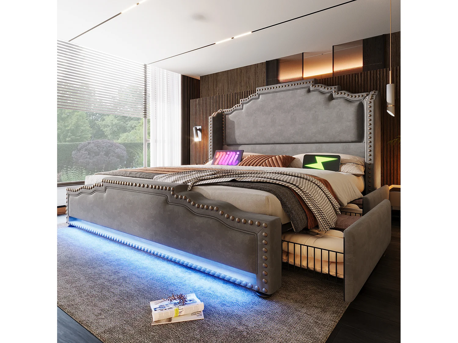 Gestoffeerd opbergbed - 180 x 200 cm - met 4 lades + LED-verlichting + USB-aansluiting + lattenbodem - fluweel - grijs