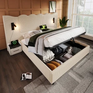 Gestoffeerd tweepersoonsbed met opbergruimte – 180 x 200 cm – met leeslamp + USB-poort + lattenbodem – fluweel – beige Gestoffeerd tweepersoonsbed met opbergruimte – 180 x 200 cm – met leeslamp + USB-poort + lattenbodem – fluweel – beige