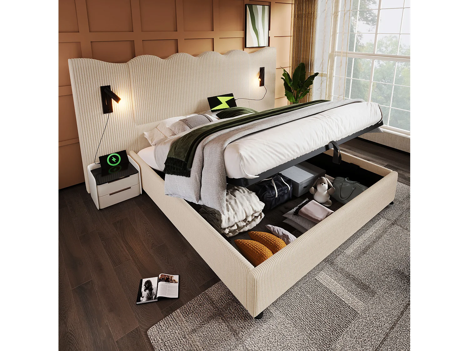 Gestoffeerd tweepersoonsbed met opbergruimte - 180 x 200 cm - met leeslamp + USB-poort + lattenbodem - fluweel - beige