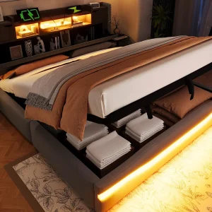 Gestoffeerd opbergbed 180×200 cm – met USB-C oplaadpoort – met LED-licht – grijs (zonder matras) Gestoffeerd opbergbed 180×200 cm – met USB-C oplaadpoort – met LED-licht – grijs (zonder matras)