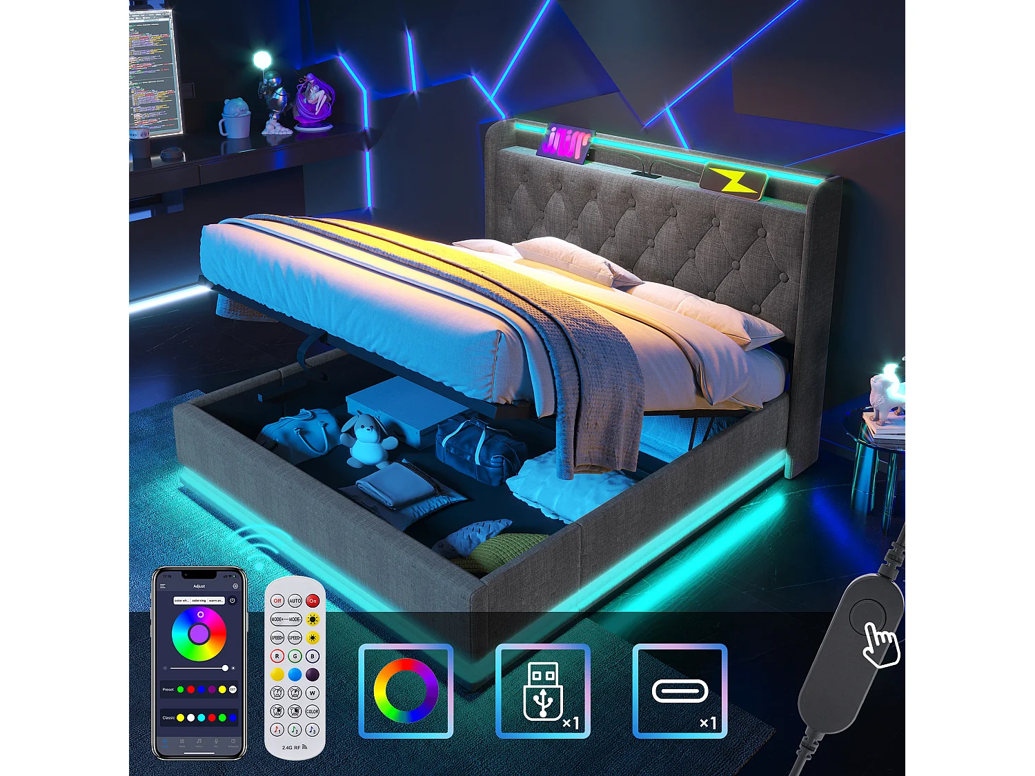 Gestoffeerd opbergbed - 180 x 200 cm - met LED-verlichting + hydraulische opbergruimte + USB - linnen - grijs