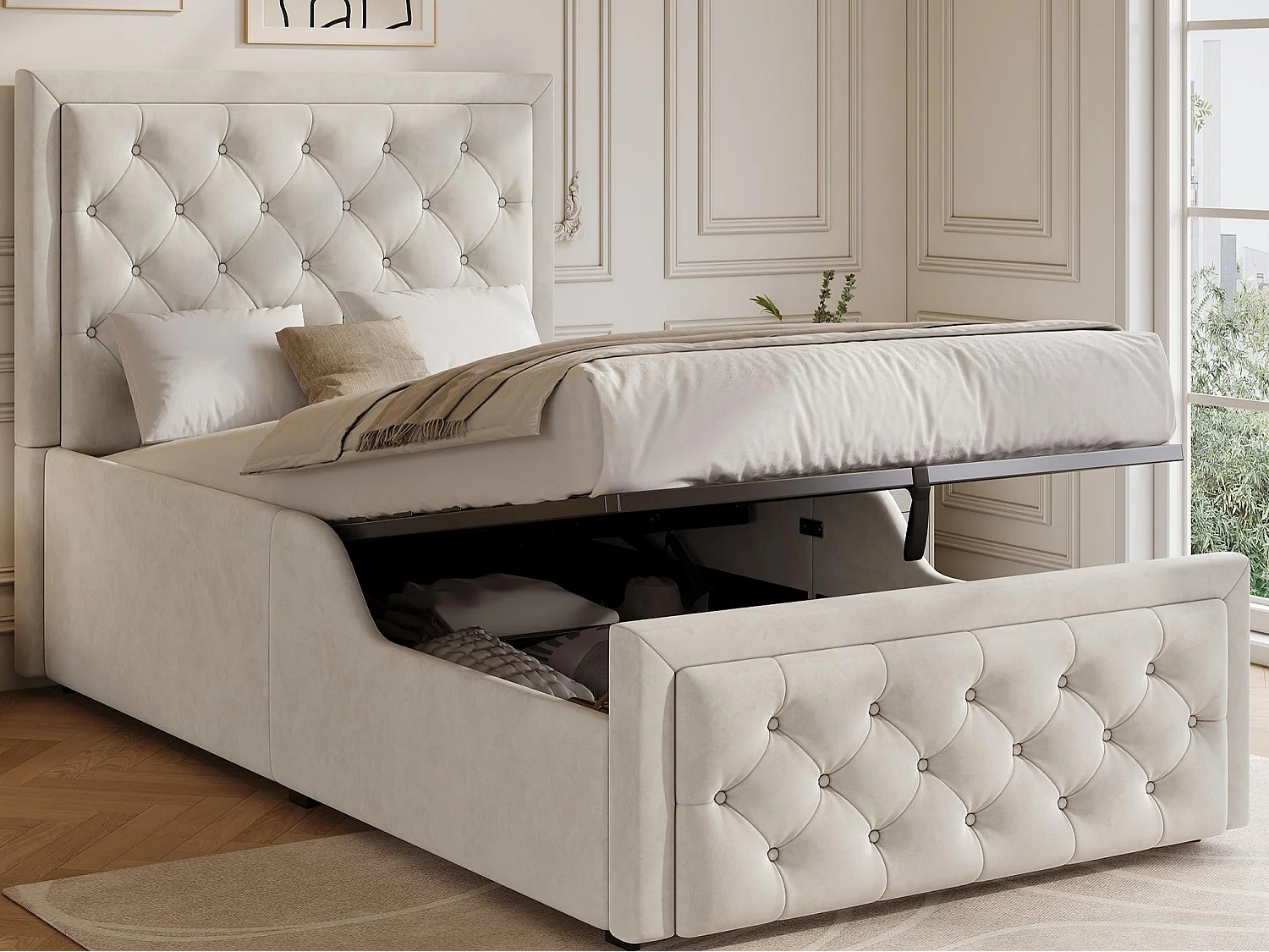 Gestoffeerd opbergbed 90 x 200 cm - Gestoffeerd hoofdeinde - Hydraulische opbergkist - Fluweel - Beige (Matras niet inbegrepen)