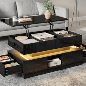 Glanzende salontafel 90x48x42,5 cm – Hoogte verstelbaar blad – 2 lades – LED-verlichting – MDF – Zwart