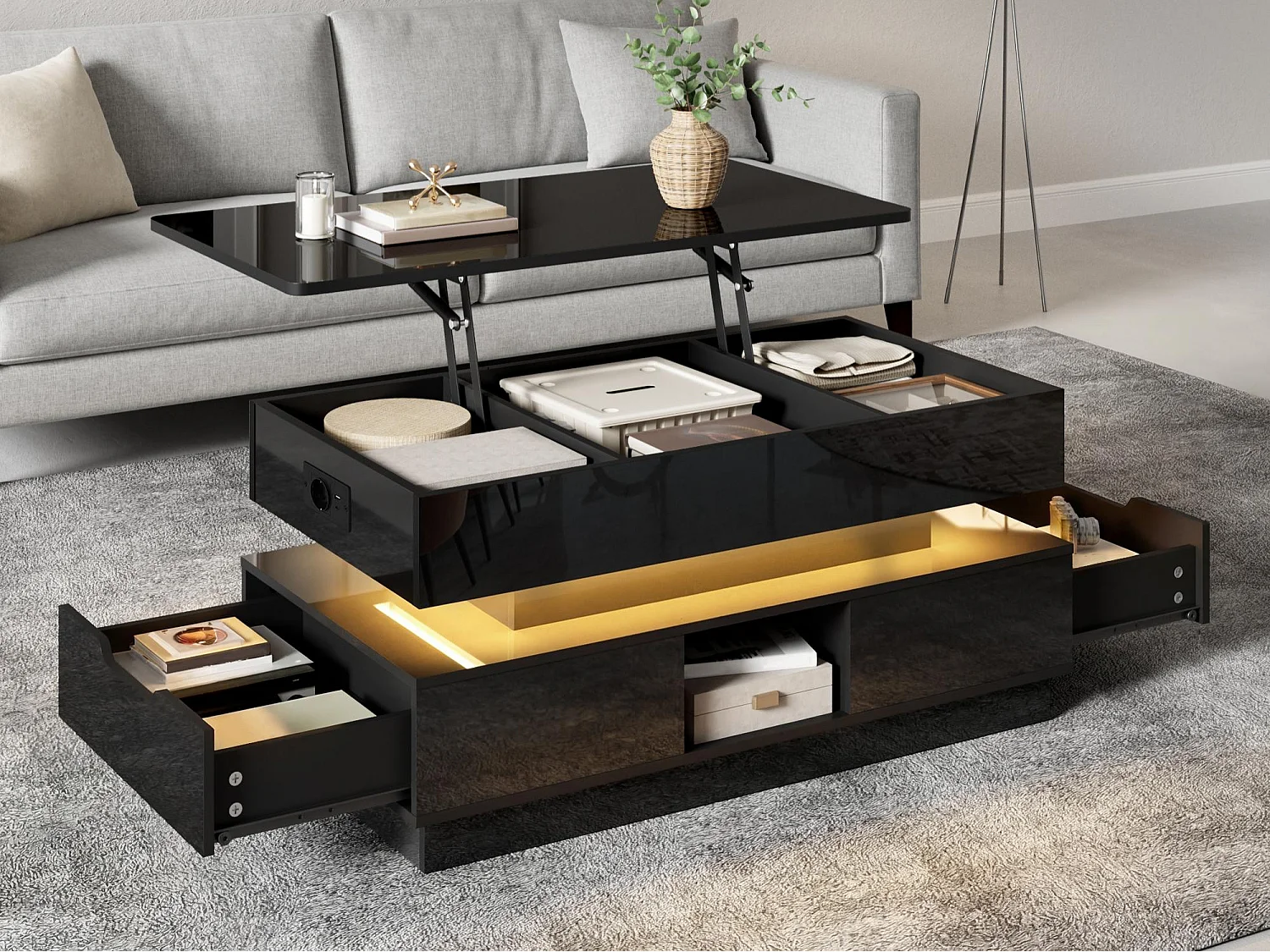 Glanzende salontafel 90x48x42,5 cm - Hoogte verstelbaar blad - 2 lades - LED-verlichting - MDF - Zwart