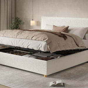 Gestoffeerd opbergbed 180×200 cm – Gestoffeerd hoofdeinde – Opbergruimte onder het bed – Massief houten poten – Bouclé stof – Wit Gestoffeerd opbergbed 180×200 cm – Gestoffeerd hoofdeinde – Opbergruimte onder het bed – Massief houten poten – Bouclé stof – Wit