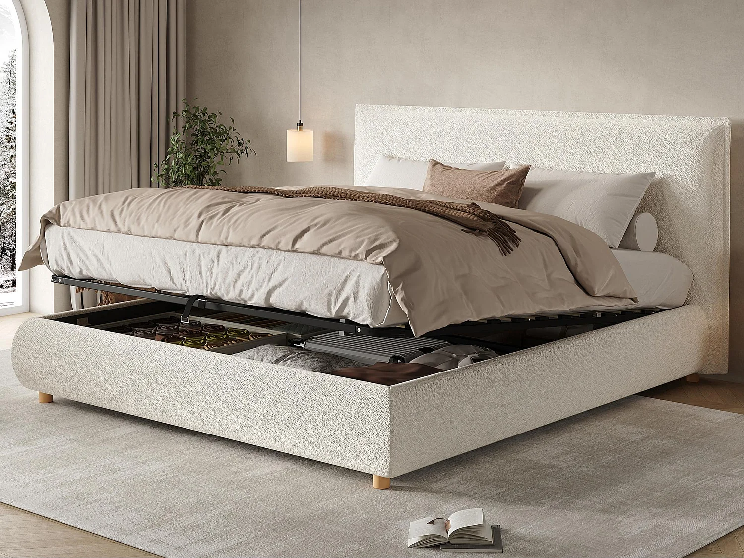 Gestoffeerd opbergbed 180x200 cm - Gestoffeerd hoofdeinde - Opbergruimte onder het bed - Massief houten poten - Bouclé stof - Wit