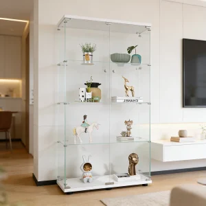Glazen vitrinekast, staand rek, 4 planken, 2 deuren, transparante moderne collectie, geschikt voor bar, woonkamer, slaapkamer of kantoor. Glazen vitrinekast, staand rek, 4 planken, 2 deuren, transparante moderne collectie, geschikt voor bar, woonkamer, slaapkamer of kantoor.