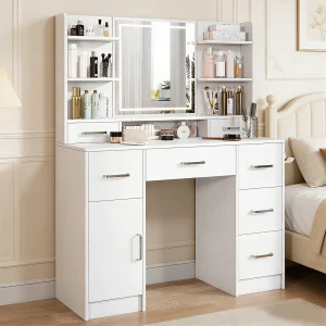 Grote kaptafel met spiegel, verstelbare ledverlichting (3 kleuren) en stopcontacten, modern wit, 7 lades, 1 deur, 4 open opbergplanken Grote kaptafel met spiegel, verstelbare ledverlichting (3 kleuren) en stopcontacten, modern wit, 7 lades, 1 deur, 4 open opbergplanken