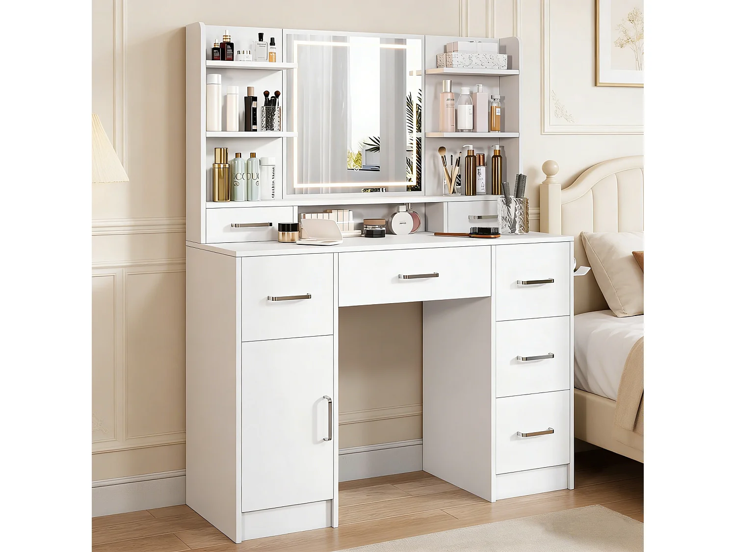 Grote kaptafel met spiegel, verstelbare ledverlichting (3 kleuren) en stopcontacten, modern wit, 7 lades, 1 deur, 4 open opbergplanken